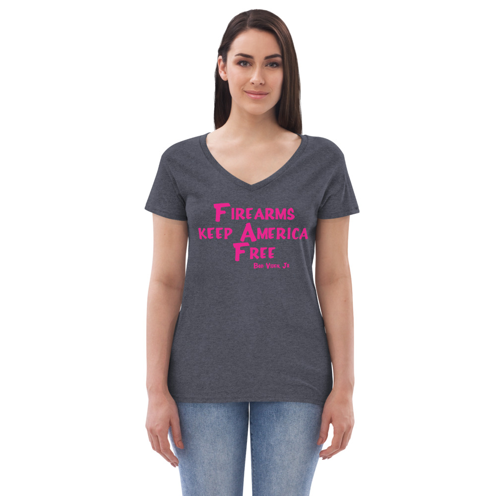 Bob\'s Firearms Keep America Free Women\'s recycled v-neck t-shirt HOT PINK  PRINT - Bobs Little Sport Shop